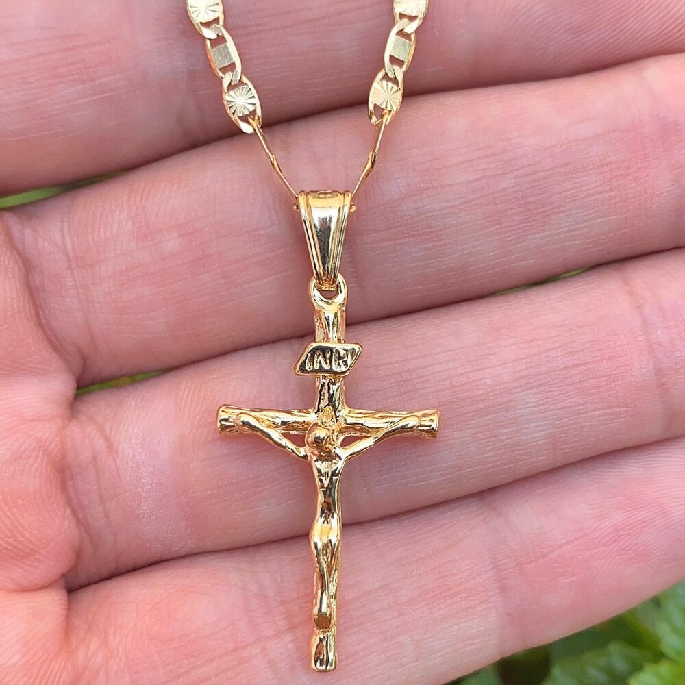 Brand New 14K Gold Filled Cross Jesus Necklace Adults Cadena Oro Laminado